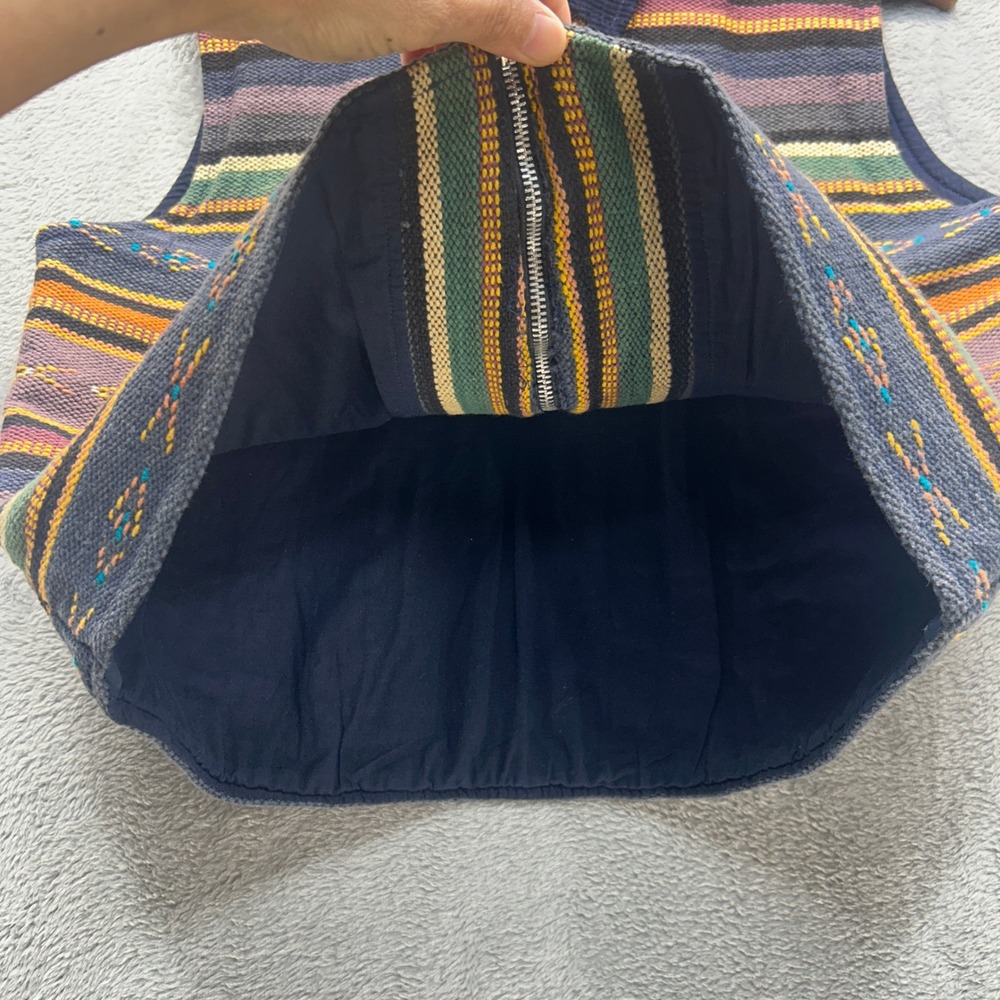 Vintage Y2K Southwestern Striped Woven Cotton Vest Blue Corduroy Collar Large - Picture 7 of 9